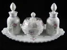 Vintage WESTMORELAND Paneled Grape, Roses & Bows Milk Glass ~ 7 pc Dresser Set