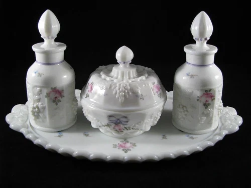 Vintage WESTMORELAND Paneled Grape, Roses & Bows Milk Glass ~ 7 pc Dresser Set