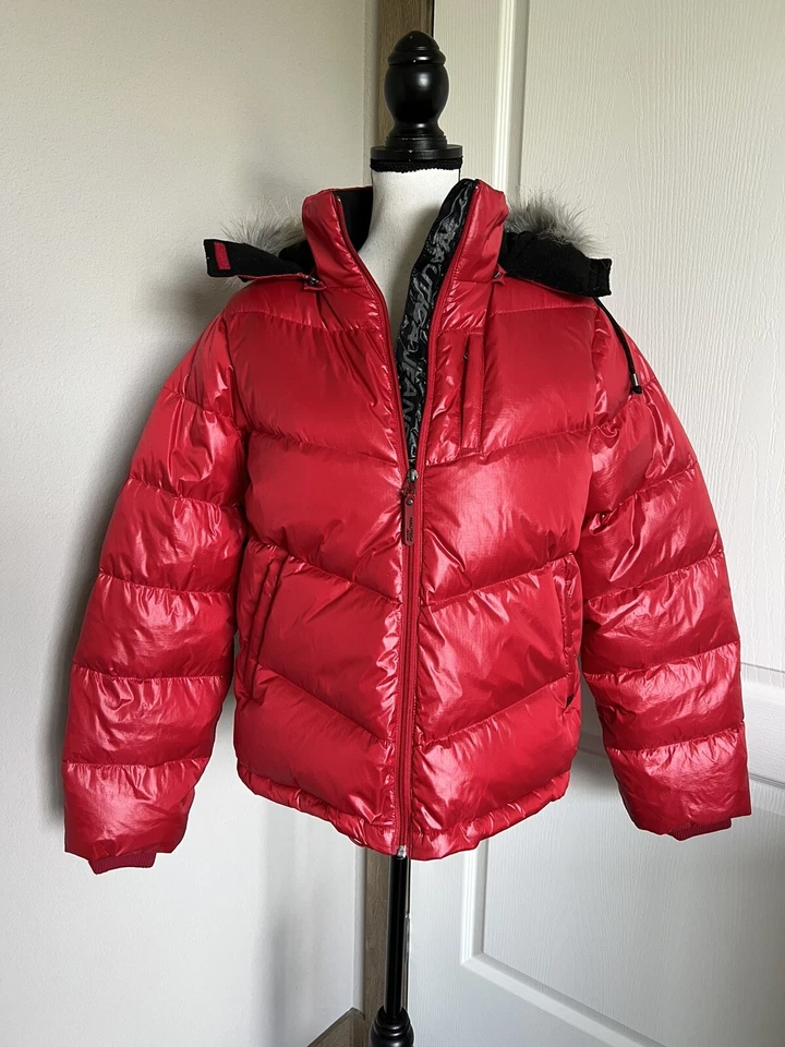 Chaqueta de abrigo acolchada acolchada de piel sintética roja con capucha Nautica Jeans para mujer talla M Foto 2 de 4