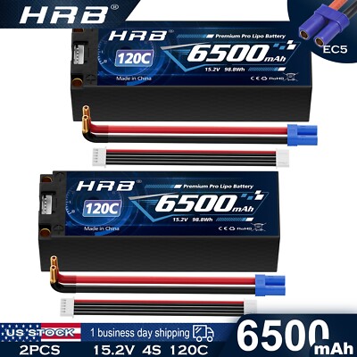 HRB 2pcs 15.2V 4S 6500mAh High Voltage LiPo Battery EC5 for RC Car Truck Buggy
