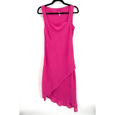 120% LINO Barbie Pink 100% Linen Sleeveless Asymmetrical Midi Dress Size Medium
