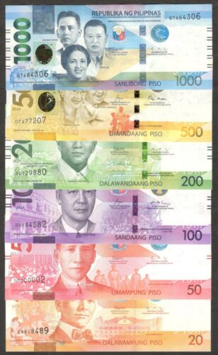 Full Set 6 Pcs Philippines 1000 500 200 100 50 20 Pesos Piso 2020-2024 UNC