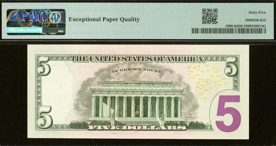 2013 $5 FRN Dallas PMG 65EPQ - 2-Digit Fancy Radar Serial Number 25222252 - Image 3 of 3