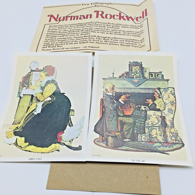 Vintage Two Lithographs by Norman Rockwell 5x7 Summer Stock and Tea for Two