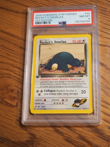 Pokemon 2000 1st Edition Gym Heroes Rocket's Snorlax rare card, PSA 8