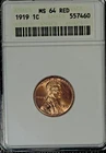 1919 Lincoln Cent, ANACS Soapbox Holder MS64 Red, small spots