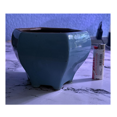 Blue Glossy Hexagon Ceramic Planter Pot, Solid Color, 21st century Pottery