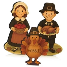 3 Pack Thanksgiving Decor Fall Wooden Pilgrim Couple Turkey Tabletop Decor 