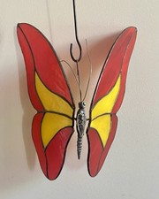 VTG 1981 G.S. Stained Glass Butterfly Suncatcher - Red Yellow, Large.