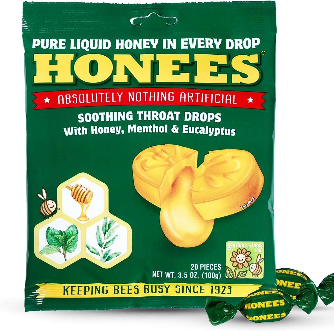 Honees Honey Filled Cough Drops Coat Lozenge Gluten Free, Select Flavor and Size