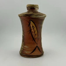 Don Cox Stoneware Tokkuri Bottle w/ Stopper Soda Fired Sumi-e Fish 1990s VTG