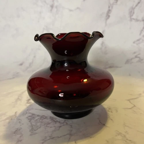 Vintage Anchor Hocking Ruby Red Blown Glass Ruffled Edge Small Bud Vase MCM 3.5"