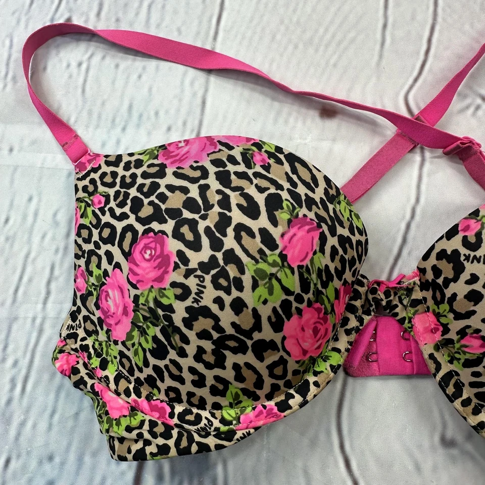 PINK Victoria's Secret Bra Womens 34B Leopard Pink Rose Floral Push Up - Image 3 of 4