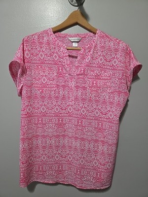 Christopher & Banks Sz M Short Sleeve Top Shirt Blouse Pink White 
