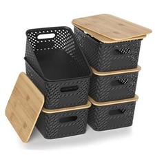 Plastic Storage Bins with Bamboo Lids, Stackable Storage Baskets for