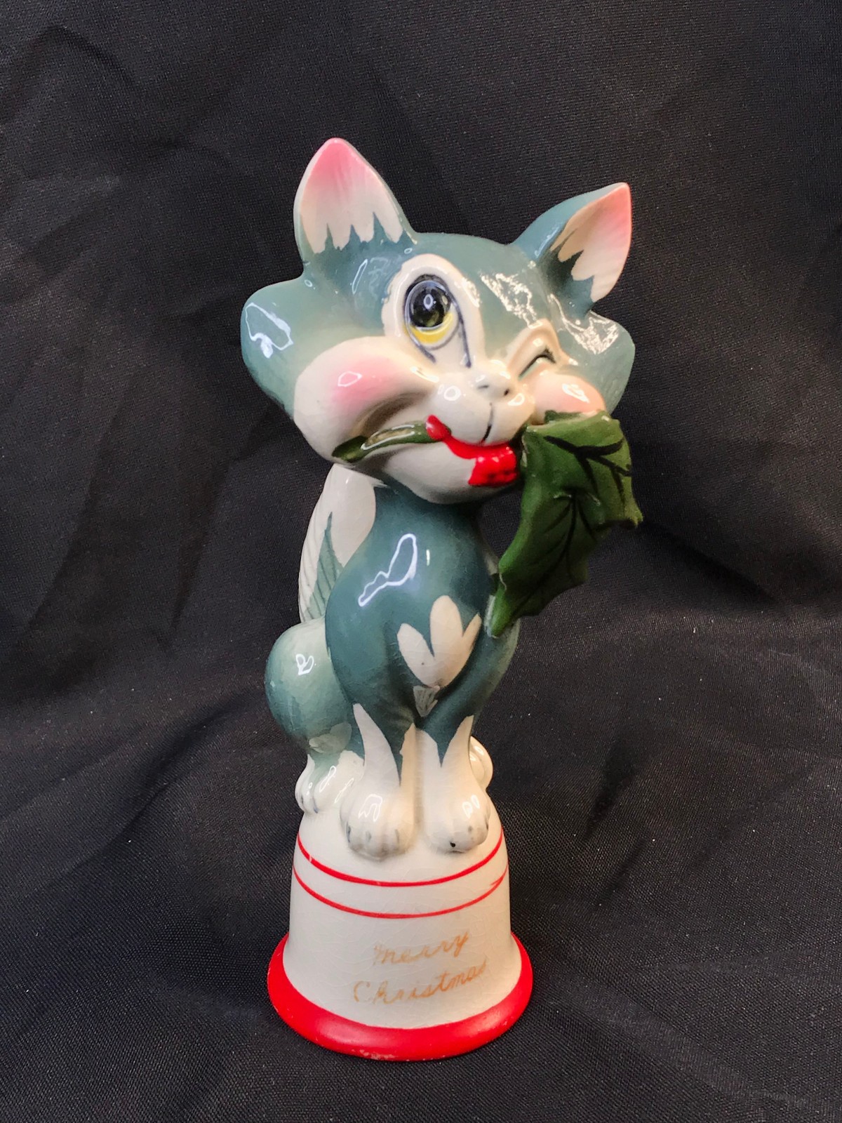 Kreiss “Merry Christmas” Gray Winking Cat Bell Japan 8”