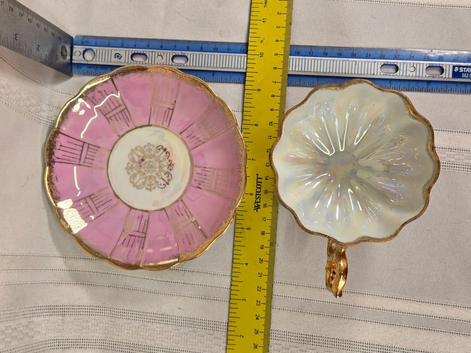 Taza y platillo reticulado Royal Sealy China Japón oro iridiscente y rosa Foto 2 de 3