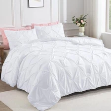 WHITE QUEEN COMFORTER SET90X90INCH 3 PIECES CUTE PINCH PLEAT BEDDING COMFORTER