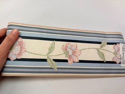 Wallpaper Border Wild Rose Floral Light Blue Cream Pink Trim BORDEN INC. 75 feet