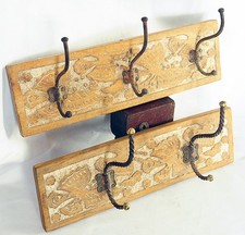 Vintage 2x Wall Mount Coat Rack/Clothes, Robes, Keys, Hanger Steel Hooks On Wood