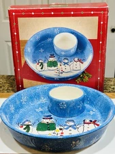 Button Up By Sonoma 2 Pc Stoneware Chip & Dip Set Snowman Snowflake 12.25”x 2.5”