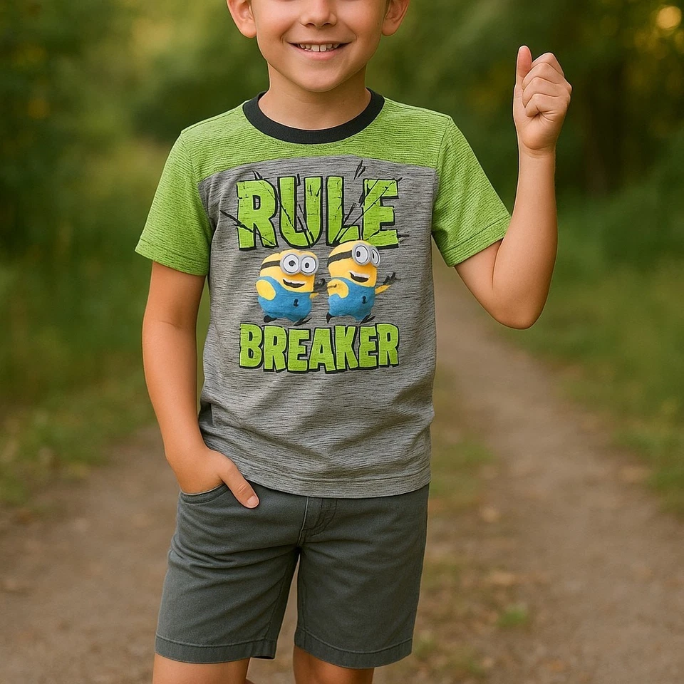 Despicable Me Boys Shirt Size S 6-7 Gray Lime Rule Breaker Minions Short Sleeve - Image 2 of 4