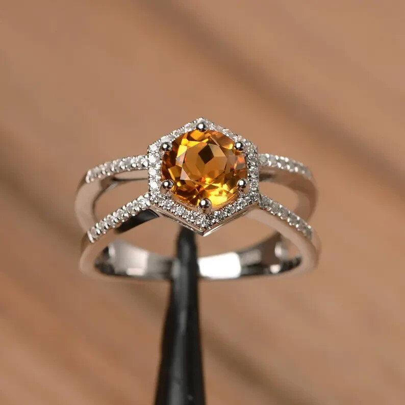 Natural Citrine Wedding Ring in Sterling Silver with Round Yellow Gemstone Cut