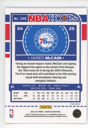 2024-25 Panini Nba Hoops - Rookies Jared McCain #246 Purple Winter (RC) - Picture 2 of 2
