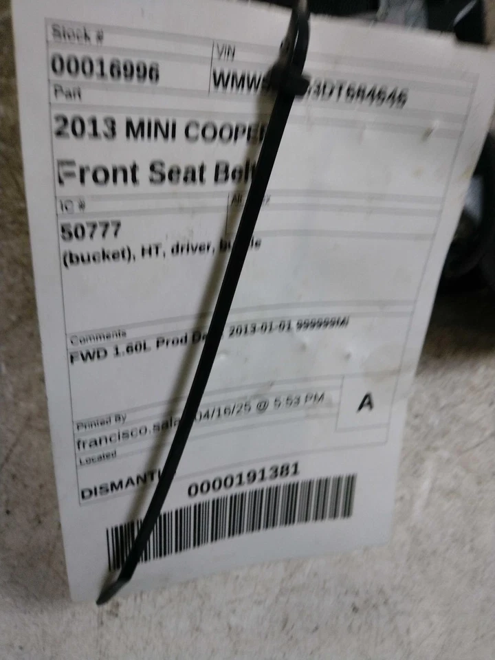 2013 MINI COOPER RED Seat Belt OEM 72112759233 116K Miles FWD - Изображение 3 из 4