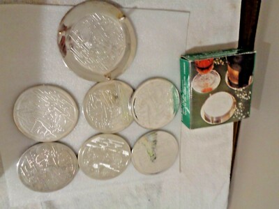 Vintage Godinger Silver Plated Deeply Engraved 7-Pcs Coaster Set 1 Bottle Stand