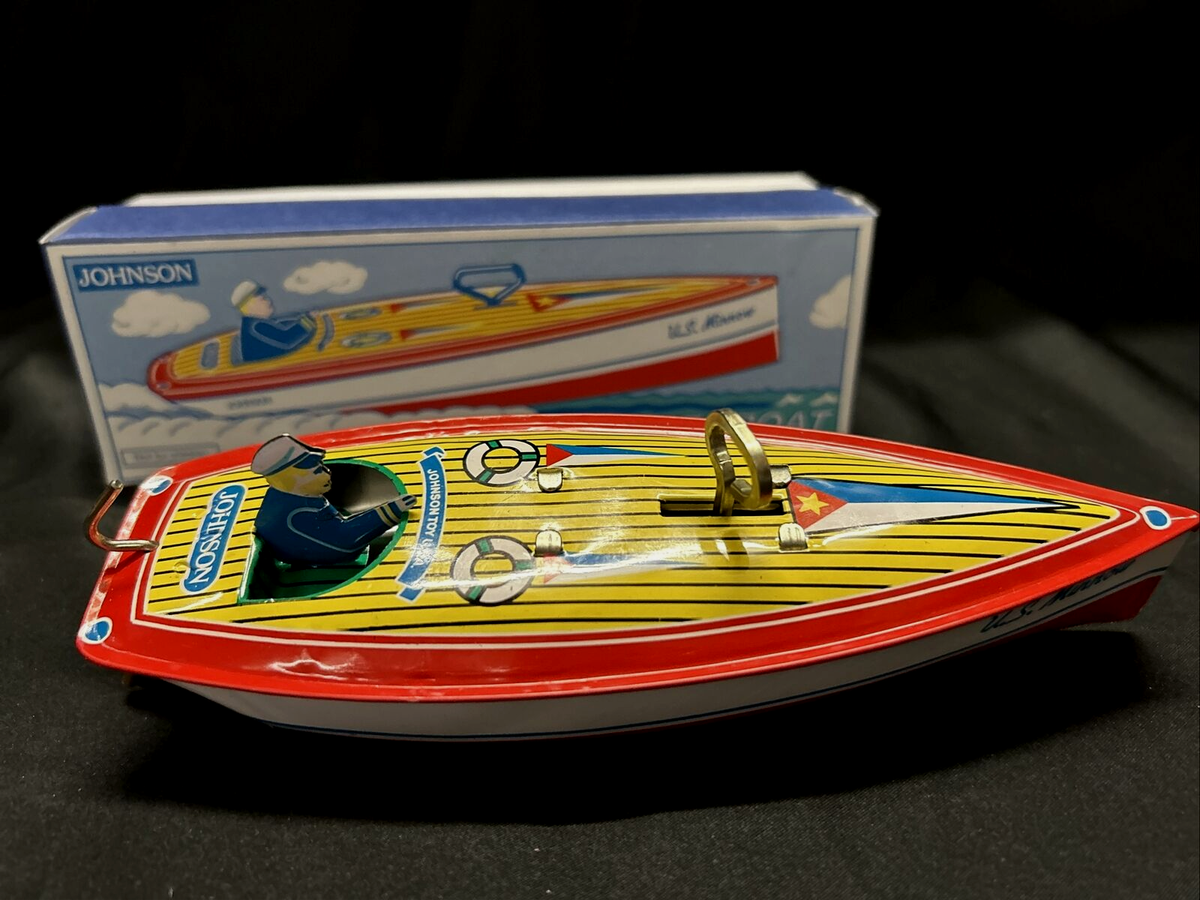 Johnson U.S. Minnow Tin Litho Wind Up Toy Speed Boat 7