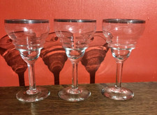 SET OF 3 LOVELY ETCHED AND RIDGED WINE LIQUEUR GLASSES WITH SILVER RIM, BRANDED!