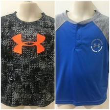 Under Armour Heatgear Boys Blue/Gray Sz 4 Henley  Big Log Tee 50 NWT Lot of 2