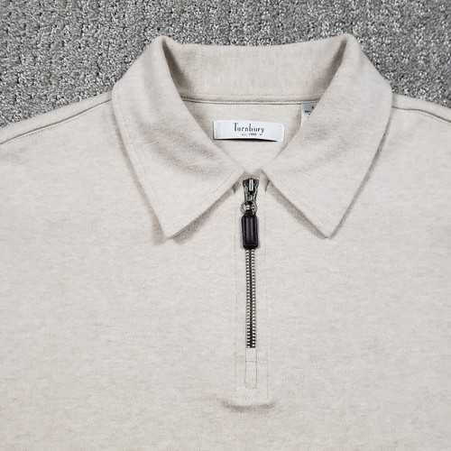 Turnbury Sweater Mens Large Beige Collared 1/4 Zip Pullover 100% Cotton Leather - Picture 2 of 9