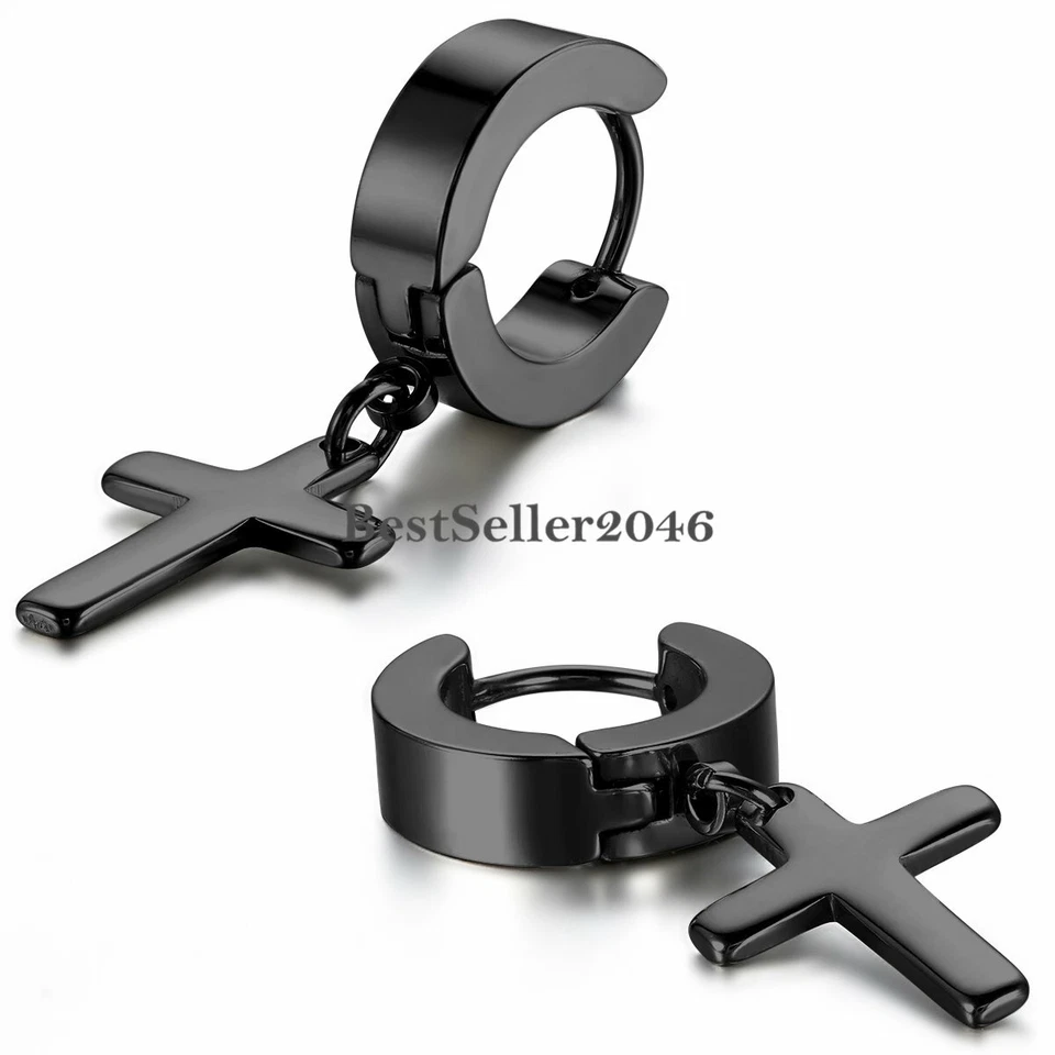 Pendientes de aro con bisagras Huggie colgantes cruzados de acero inoxidable 2 piezas para hombres y mujeres Foto 4 de 4