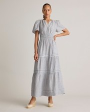 Quince 100% European Linen Tiered Maxi Dress Blue Pinstripe Basic Sleeved L