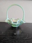 Vintage Fenton Glass Green Opalescent Iridescent 95th Anniversary Basket Signed