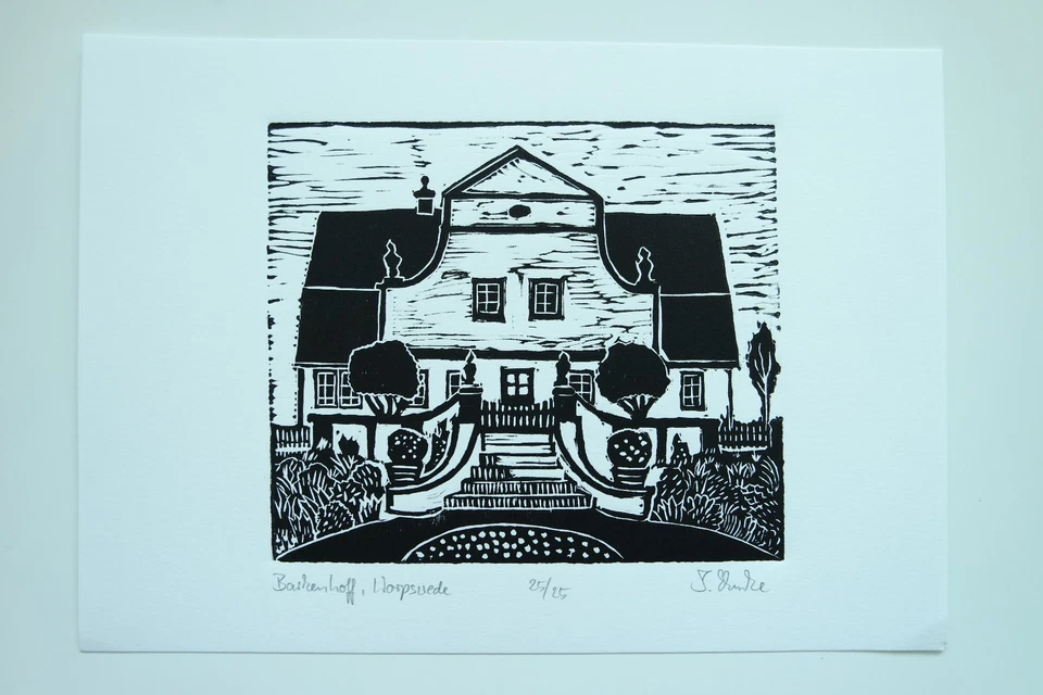 Linolschnitt „Barkenhoff von Heinrich Vogeler“, signiert T. Ehmke, Exemp. 25/25! - Bild 2 von 4