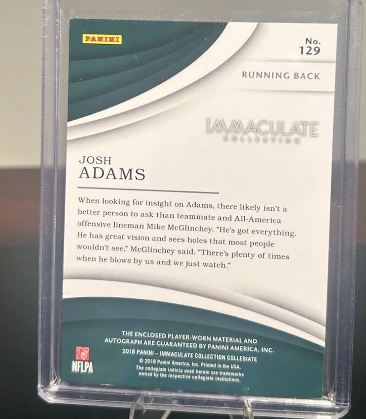 2018 Immaculate Collegiate Signature /25 Josh Adams RPA Rookie Patch Auto RC - Image 2 of 2