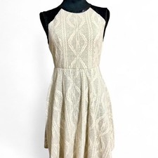 Cream lace dress with black lace back, high neck, and zipper back monteau sz m  