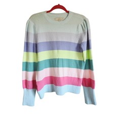 LOFT Ann Taylor L Pastel Stripe Fuzzy Rainbow Sweater Crew Neck Long Sleeve Soft