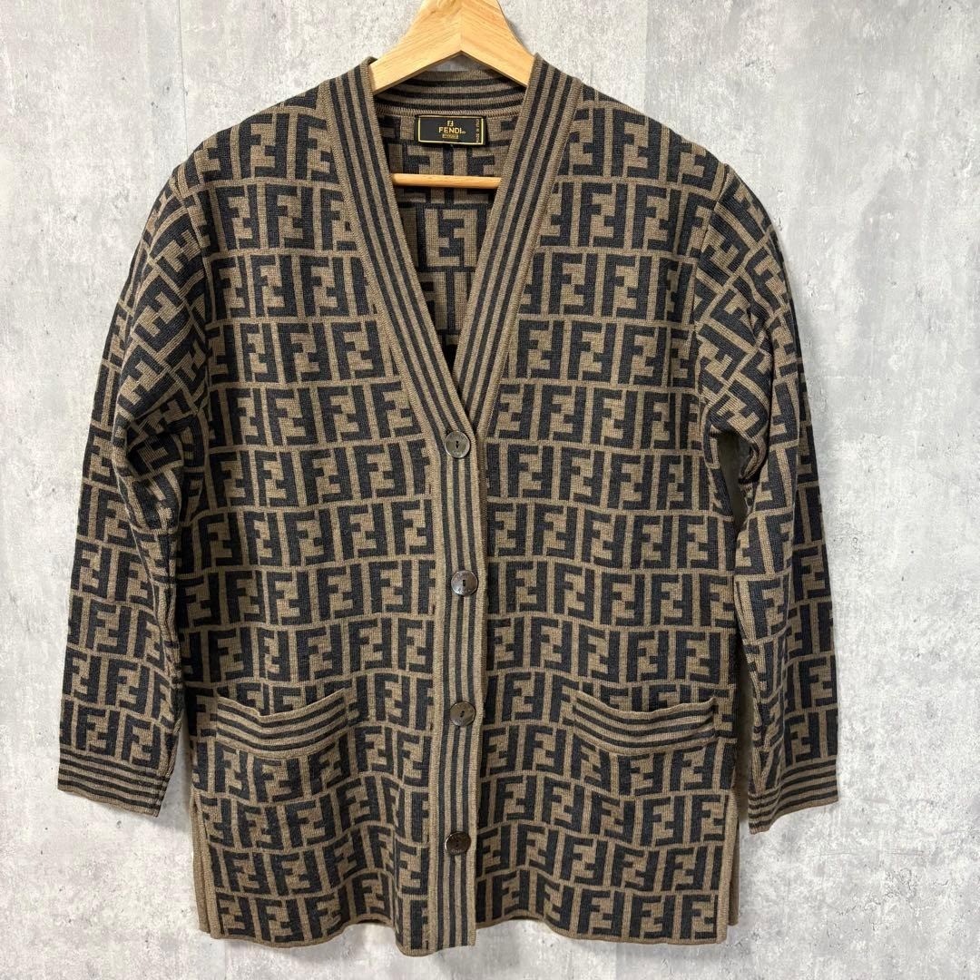 FENDI ウール カーディガン 40 FENDI Vintage Zucca Monogram Knit Cardigan Sweater Wool Brown
