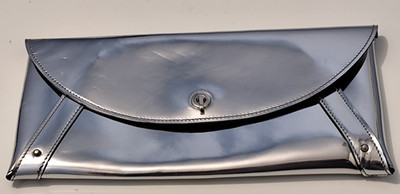 Women's CASADEI Leather Metalic Silver Clutch Bag Magnetic Flap Closure 12'' x 6''