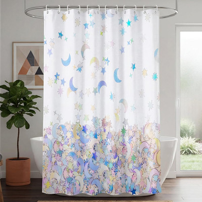 Stars and Moon Shower Curtain, Dreamy Multi-Color Celestial Pattern Bathroom Dec