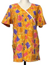 Jasco Uniform Womens Size M V-Neck Scrub Top Vibrant Holiday Geometric French