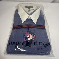 VTG Tommy Hilfiger Mens Long Sleeve Dress Shirt Blue w/white collar Sz 18-36