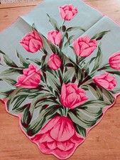 Vgt Sage Green Red Tulips Semi Sheer Cotton Hankie Handkerchief