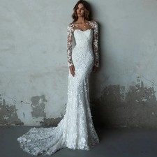 Lace Mermaid Wedding Dresses Long Sleeves Scoop Neck Sweep Train Zipper Bridal