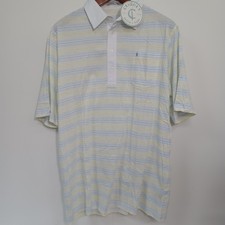 Criquet Polo Shirt Men  s Size L White Yellow Blue Striped Cotton Stretch NWT