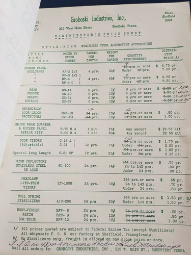 Groboski Industries 1960 Catalog w/Price Lists Rocker Moulding, Fender Shields F - Picture 6 of 6